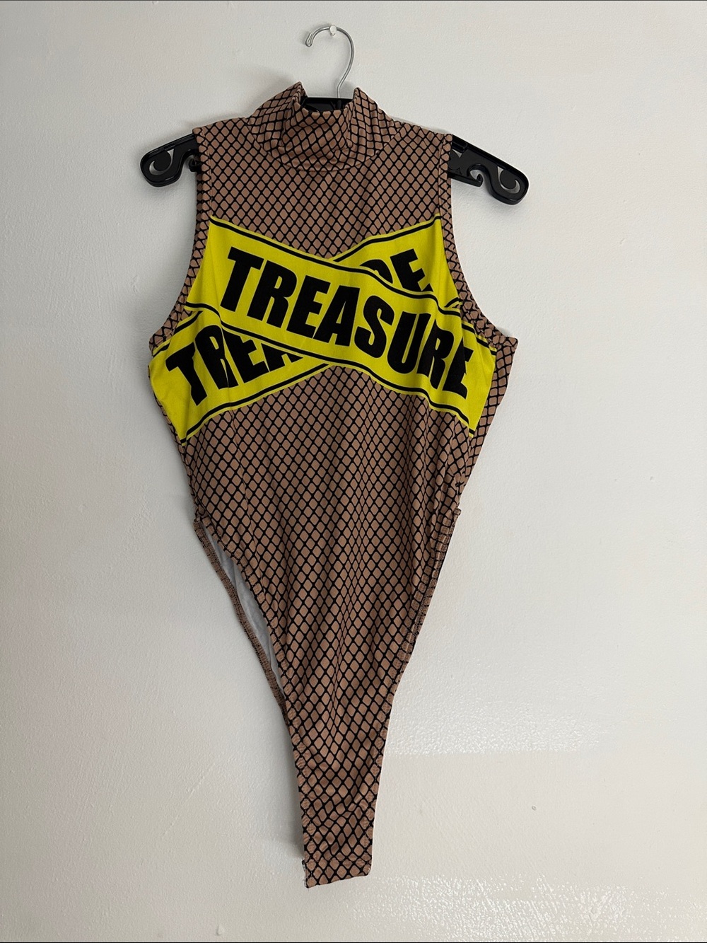 Brown Fishnet-Print One Piece Swimsuit with Yellow 'TREASURE' Band